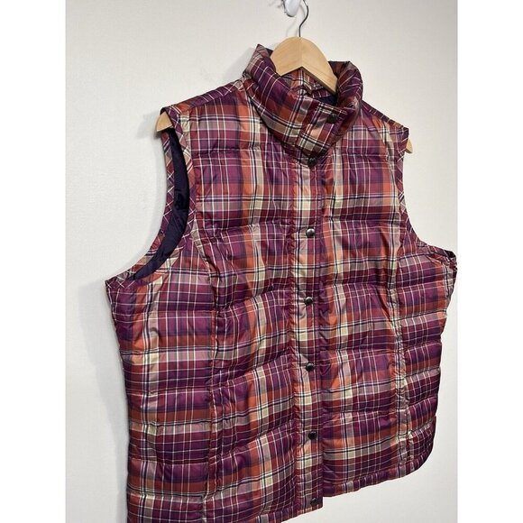 Lands' End Jacket Vest Women XL 18 Maroon Plaid Down Puffer Mock Neck Snap Down - Picture 3 of 10